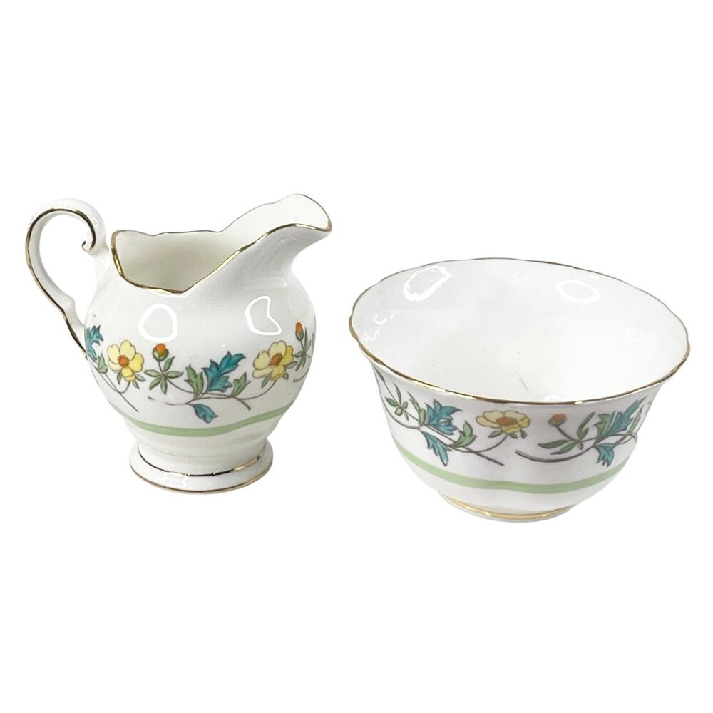 Tuscan Bone China Creamer & Sugar Bowl Set Floral Yellow Green Cream Pitcher